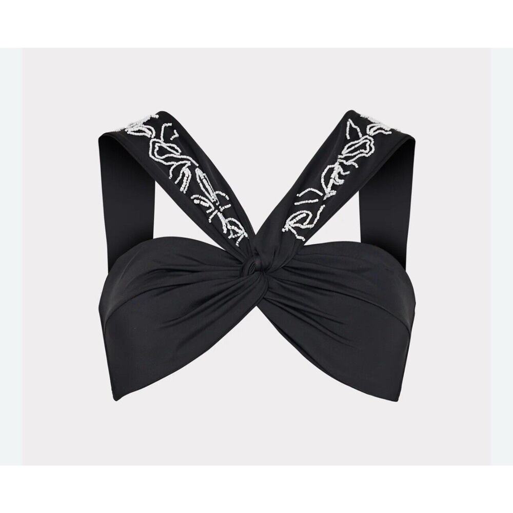 NEW Milly Bikini Top Black White Beaded Draped Shoulder Swim M